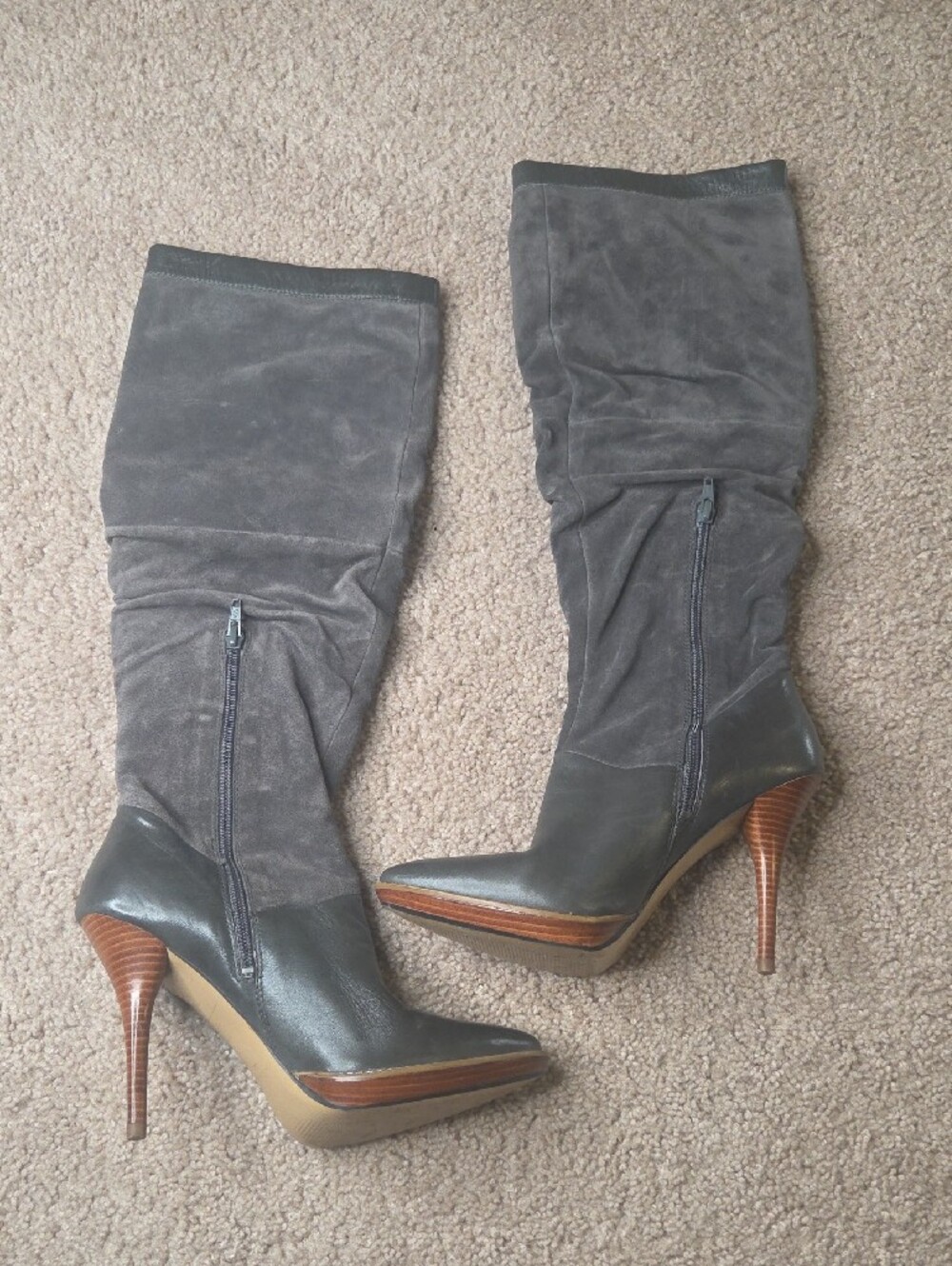 Women's Gray Suede & Leather High-Heel Knee Boots - Picture 2 of 7